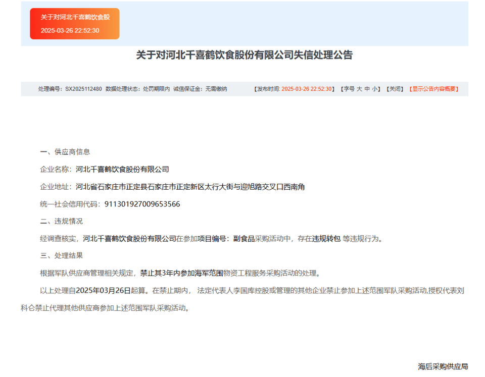 违规转包<strong></p>
<p>原油等</strong>，河北千喜鹤饮食股份有限公司被禁3年