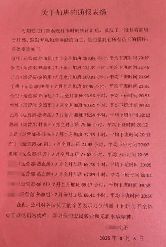 上海一公司通报加班表扬名单<strong></p>
<p>原油交易中心</strong>，最高时长近160小时，工作人员称非强制，需申请会有加班费