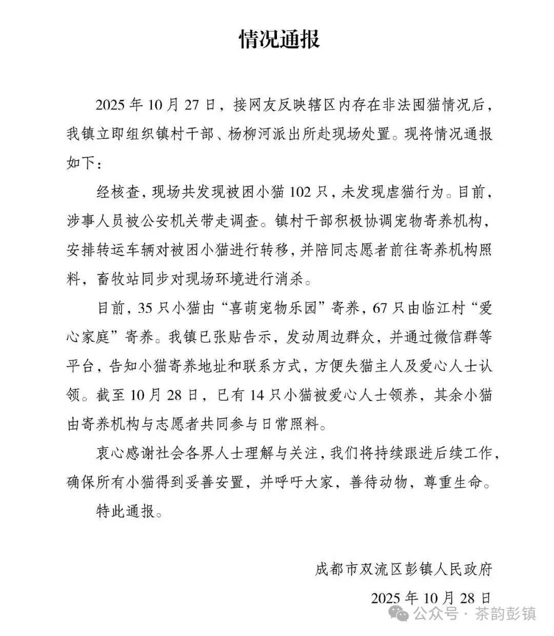 “成都一空置房非法囤猫”?官方通报:共发现被困小猫102只<strong></p>
<p>凯尔特人资讯</strong>,未发现虐猫行为