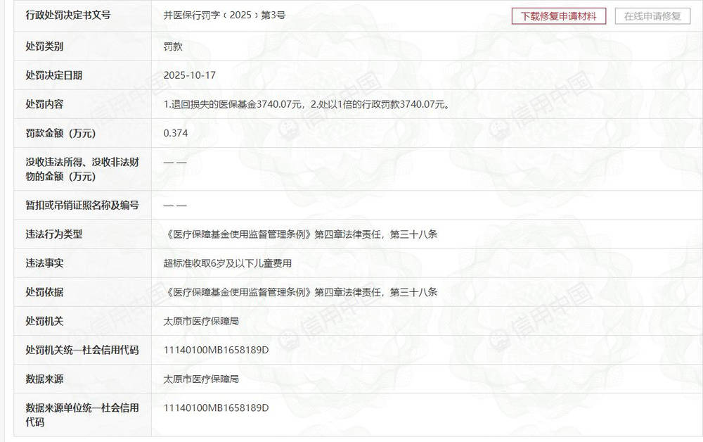 山西省儿童医院超收6岁以下儿童费用<strong></p>
<p>资讯点</strong>,退罚金额合计超7400元